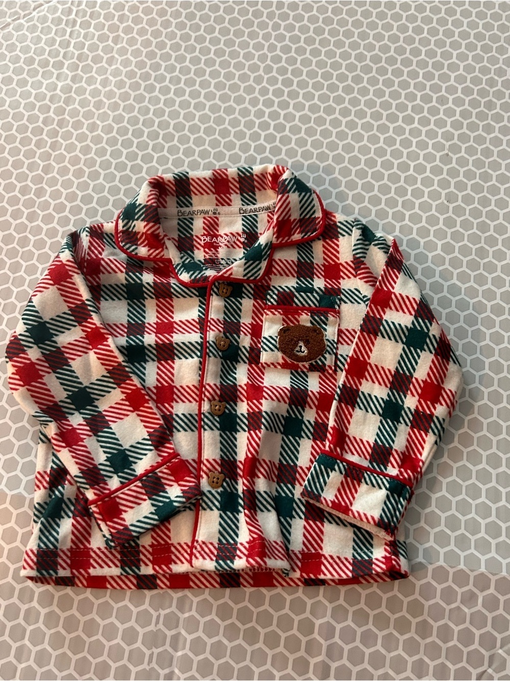 BearPaw Red Green Cream Plaid Fleece Pajama Set w Bear Patch on Pocket Size 18M - Picture 2 of 7